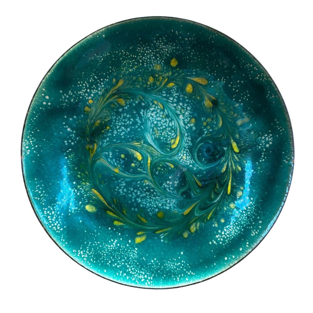 Vintage Mid Century Enamel on Copper Bowl Teal Green Blue Gold Abstract Design